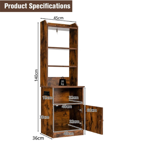 6-Tier Nightstand with Charging Station Tall with Shelf and Cabinet-Rustic Brown
