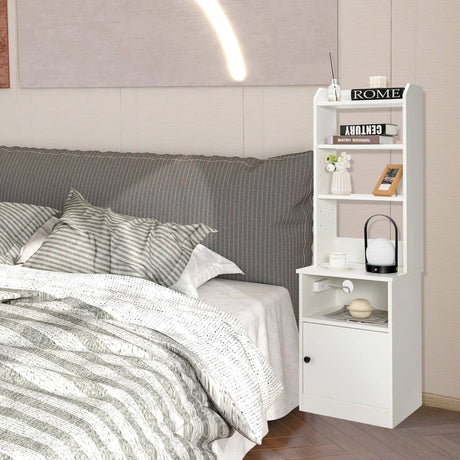6-Tier Nightstand with Charging Station Tall with Shelf and Cabinet-White