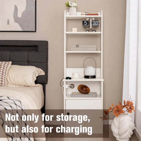 6-Tier Nightstand with Charging Station Tall with Shelf and Cabinet-White