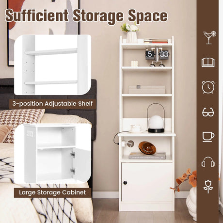 6-Tier Nightstand with Charging Station Tall with Shelf and Cabinet-White