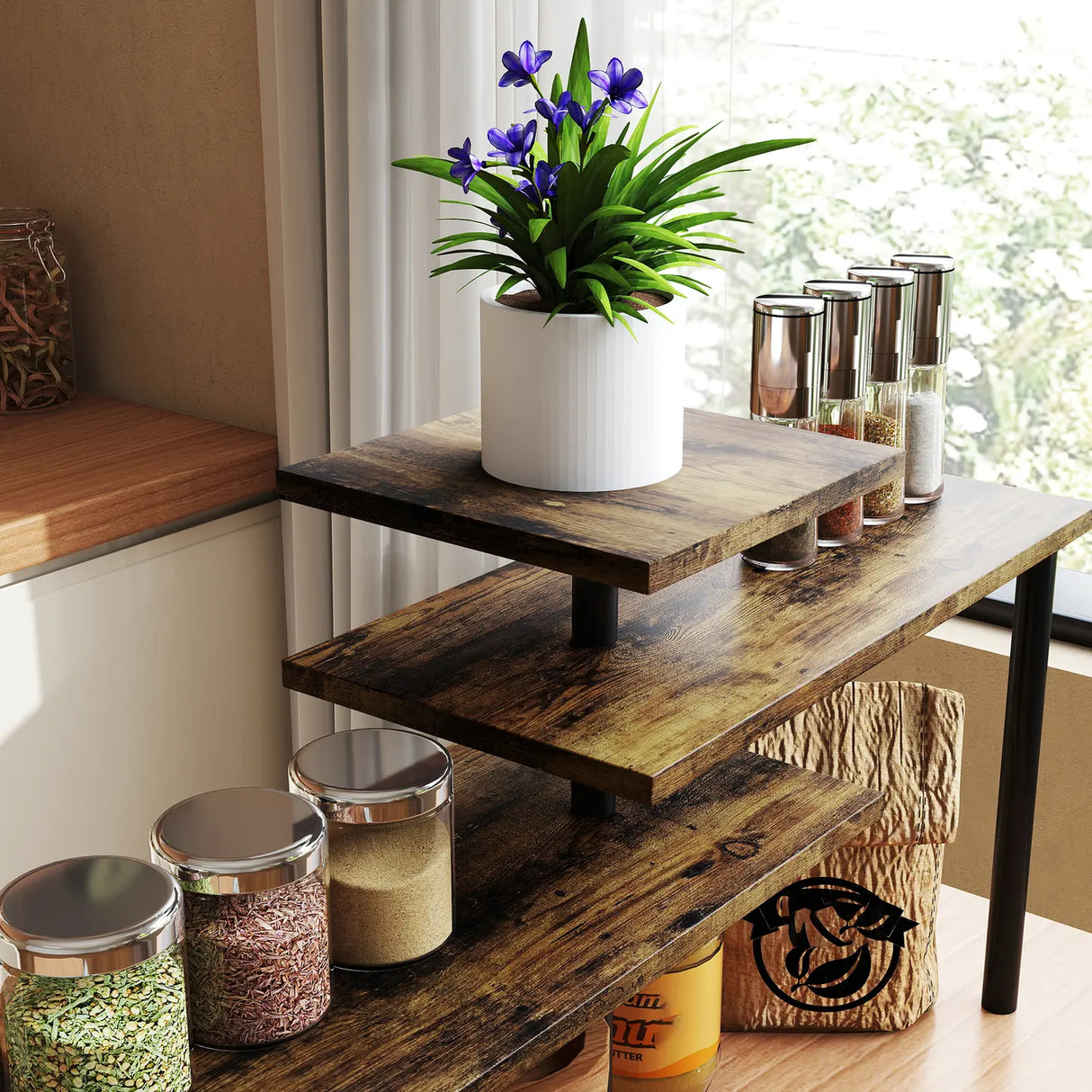 HOMCOM 3-Tier Kitchen Countertop Organiser, Adjustable Spice Rack, Corner Shelf for Kitchen, Coffee Bar, Bathroom, Rustic Brown