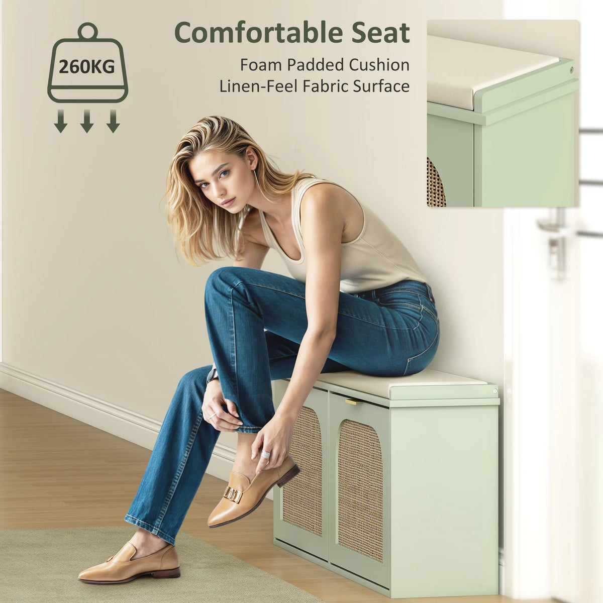 HOMCOM Boho Shoe Bench with Padded Seat and 2 Flip-Drawers - Light Green