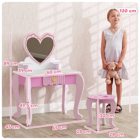 AIYAPLAY Kids Dressing Table Set, Vanity Table with Stool, Mirror, Drawer, Desktop Storage, Heart Theme, Pink