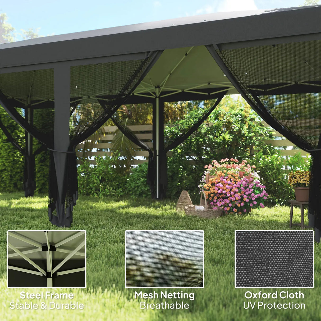 Outsunny 3 x 6m Pop Up Gazebo, Outdoor Canopy Shelter, Marquee Party Wedding Tent with 6 Mesh Walls and Carry Bag, Black