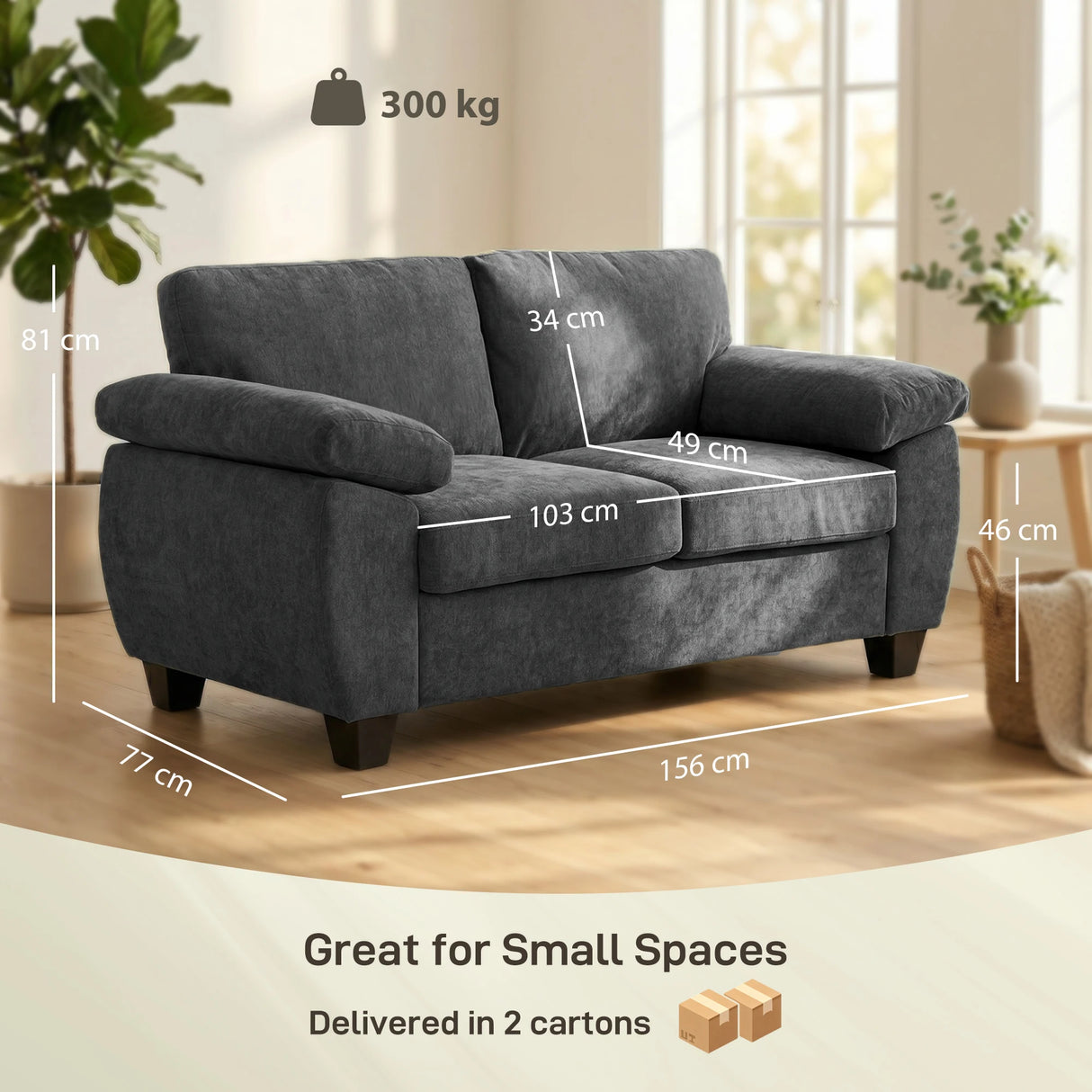 HOMCOM 2 Seater Sofa, 156cm Chenille Loveseat Sofa, Dark Grey