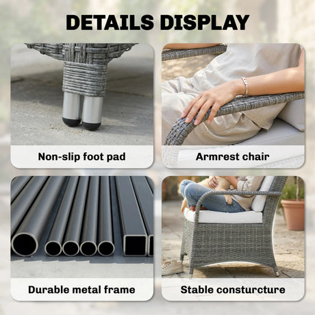 Outsunny 3 Pieces Rattan Bistro Set, Wicker Garden Furniture Set with Metal Frame, Cover, Glass Top Coffee Table, Light Grey