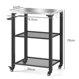 Outsunny Three-Shelf Outdoor Grill Cart with Stainless Steel Top, Outdoor Kitchen Island with 4 Wheels, 3 Hooks, Movable Food Prep Barbecue Pizza Oven Table for Kitchen, Garden, 65.5 x 41 x 79 cm