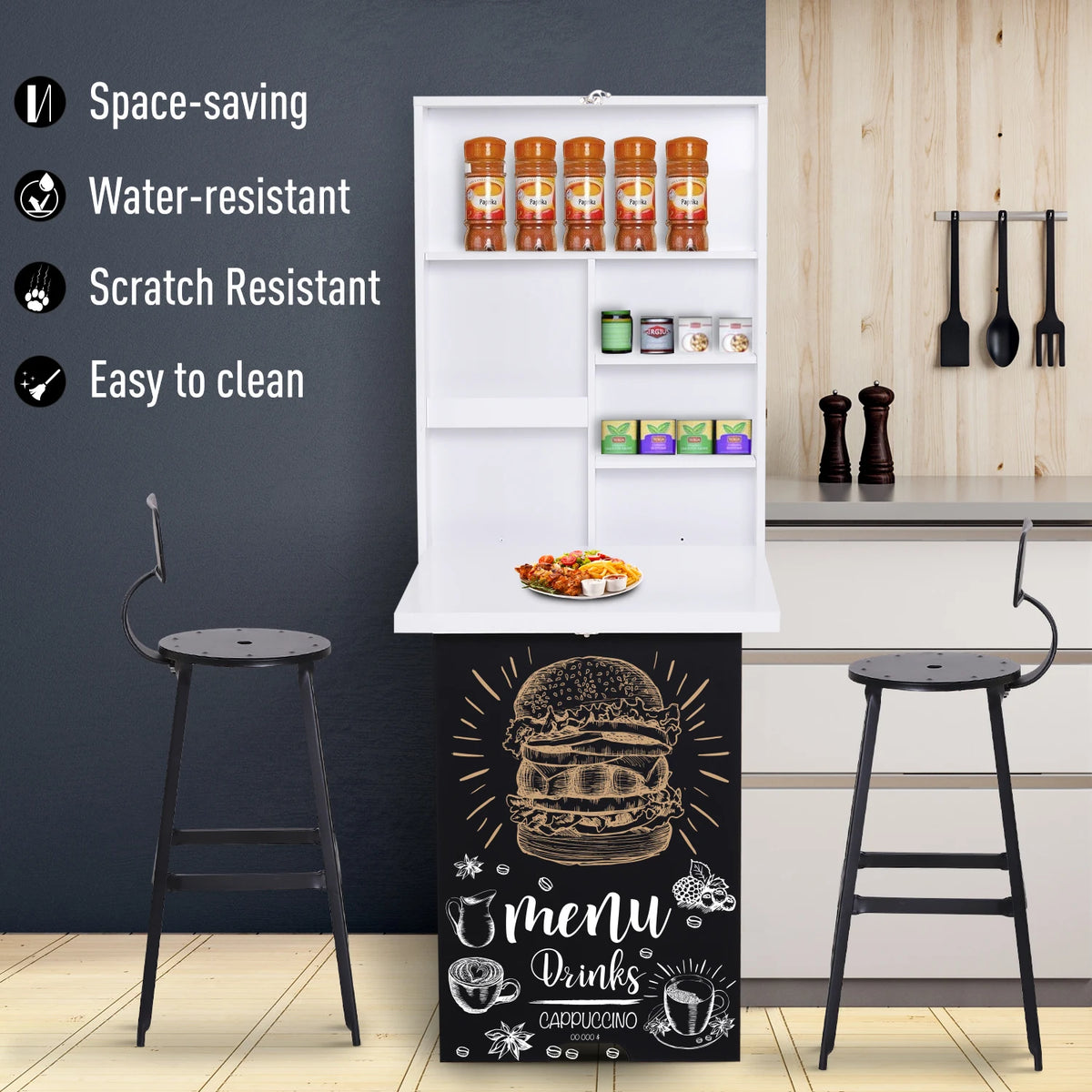HOMCOM Folding Wall-Mounted Drop-Leaf Table, Convertible Wall Table With Chalkboard and Storage Shelf, Multifunctional Floating Desk for Home Office, White