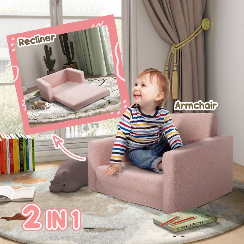 AIYAPLAY 2 in 1 Kids Armchair, Foldable Recliner for 1.5-3 Years Old, Pink