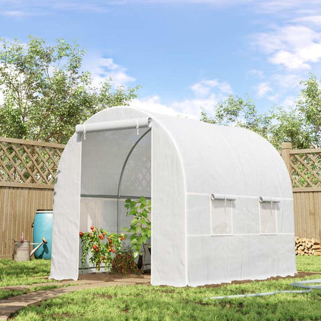 Outsunny 2.5 x 2 x 2 m Polytunnel Greenhouse, Walk-in Green House for Garden with Mesh Windows, Galvanised Steel Frame, White