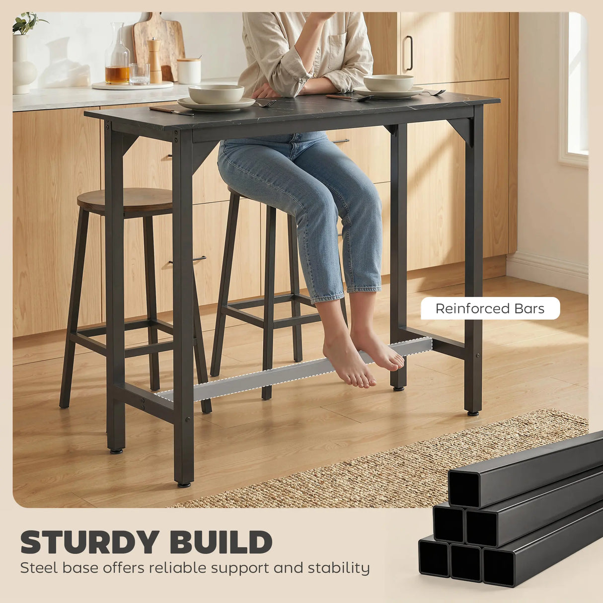 HOMCOM Rectangular Bar Table, Marble Effect Pub Coffee Table for Small Space, Breakfast Dining, Black Marble Effect