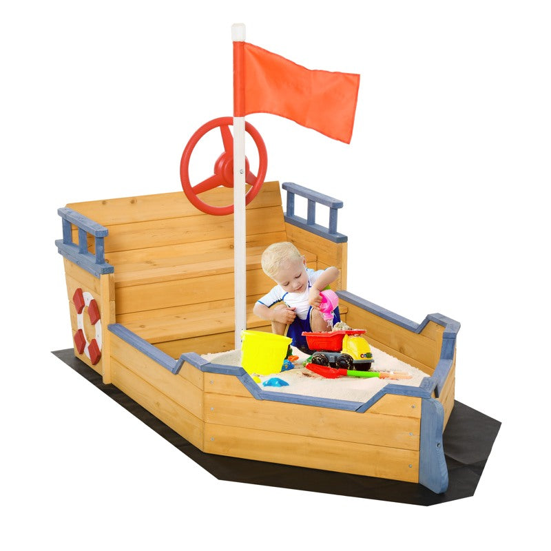 Outsunny Sand pit Kids Children Sandpit Wooden Pirate Ship Sandboat Outdoor Backyard Playset w/Bench Bottom Liner