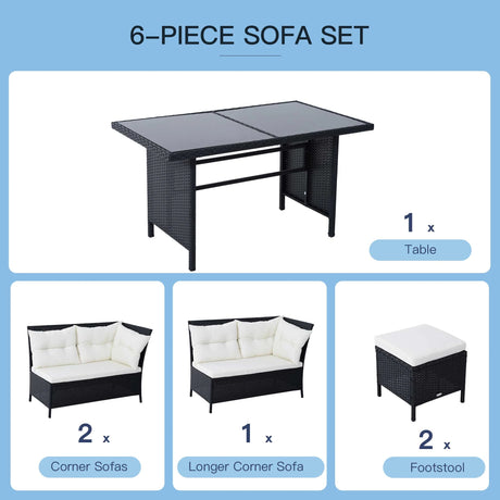 Outsunny 8-Seater Garden Rattan Furniture Rattan Corner Dining Sofa Set Wicker Conservatory Furniture Lawn Patio Coffee Table Foot Stool w/Cushion-Black