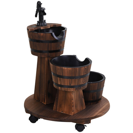 Outsunny Patio Wooden Water Fountain 3 Barrels Set with Wheels, Garden Decorative Ornament with Pump