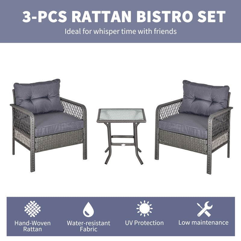 Outsunny 3 Pieces Rattan Bistro Set, Wicker Garden Furniture Set with Glass Top Coffee Table and Chairs, Thickened Cushions for Outdoor, Patio, Balcony, Grey