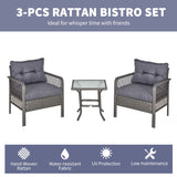 Outsunny 3 Pieces Rattan Bistro Set, Wicker Garden Furniture Set with Glass Top Coffee Table and Chairs, Thickened Cushions for Outdoor, Patio, Balcony, Grey