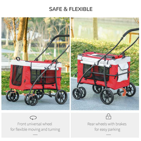 PawHut Foldable Dog Stroller, Pet Travel Crate, with Detachable Carrier, Soft Padding, for Mini, Small Dogs - Red