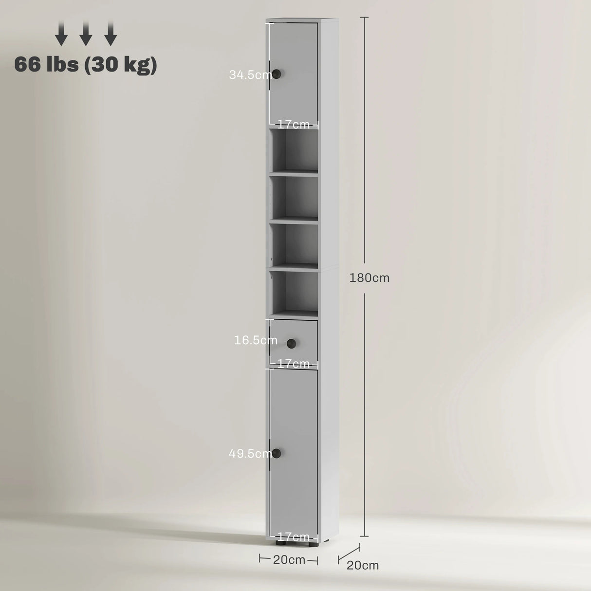 kleankin 180cm Slim Bathroom Cabinet, with Drawer, Shelves and Cupboards - Grey