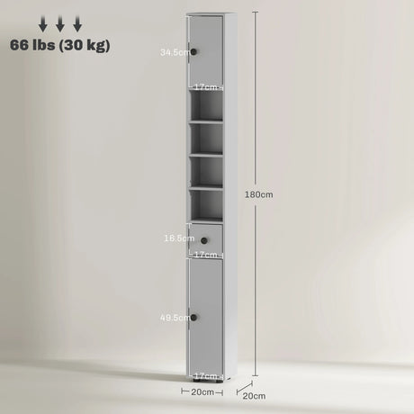 kleankin 180cm Slim Bathroom Cabinet, with Drawer, Shelves and Cupboards - Grey