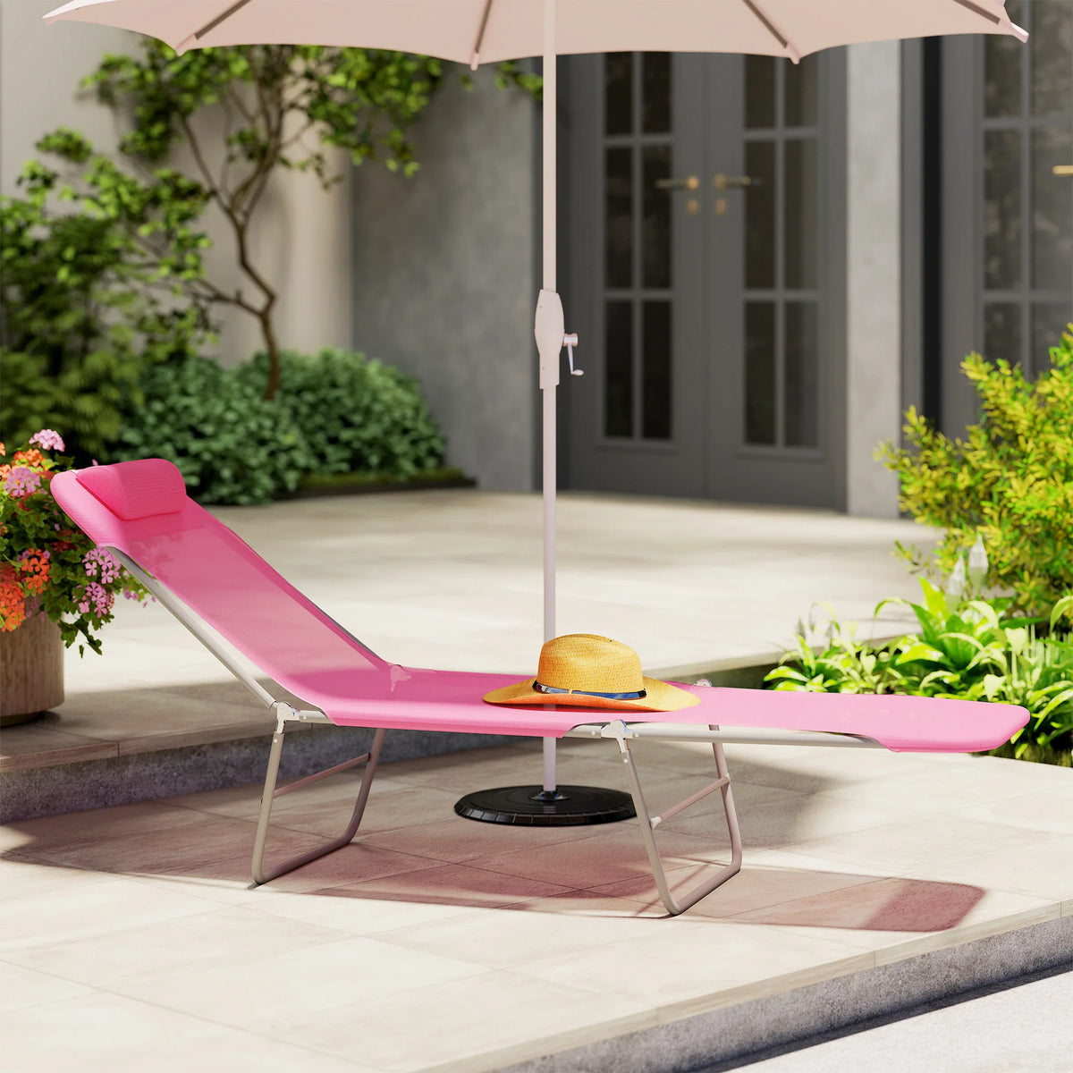 Outsunny Folding Sun Lounger with Head Pillow - Pink