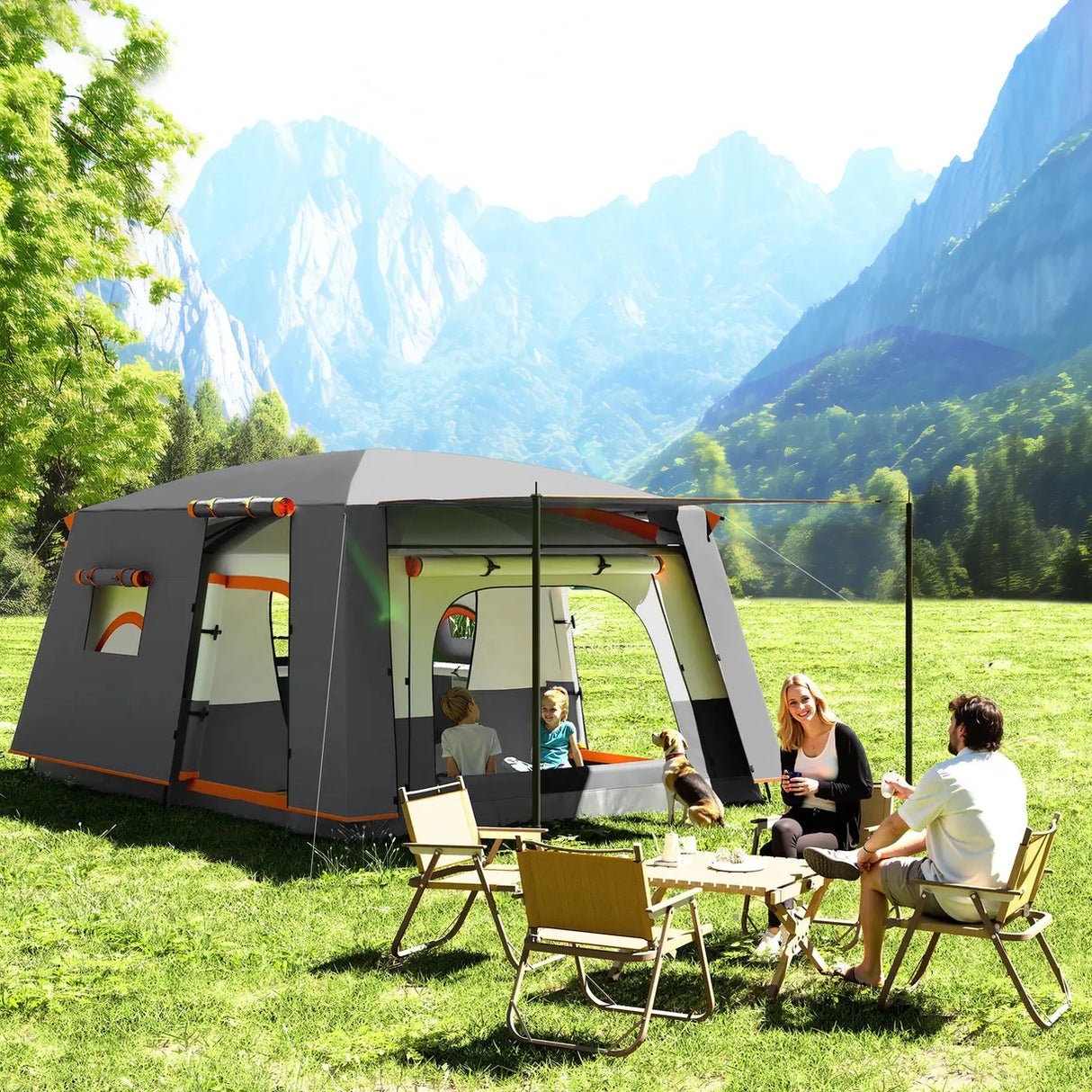 Outsunny 4-6 Man Camping Tent, Double Layer Tunnel Tent with Porch, Living Area and 2 Bedrooms, Sewn in Groundsheet, 3000mm Waterproof and UPF 30+, Portable with Bag, Grey