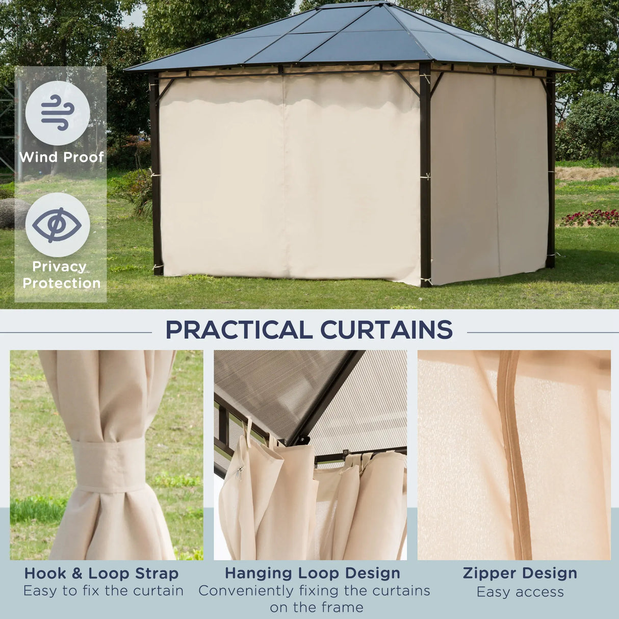 Outsunny 3 x 3.6m Hardtop Gazebo Canopy with Polycarbonate Roof Garden Pavilion with Removable Curtains and Steel Frame, Brown