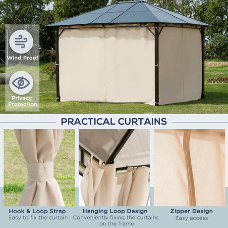 Outsunny 3 x 3.6m Hardtop Gazebo Canopy with Polycarbonate Roof Garden Pavilion with Removable Curtains and Steel Frame, Brown