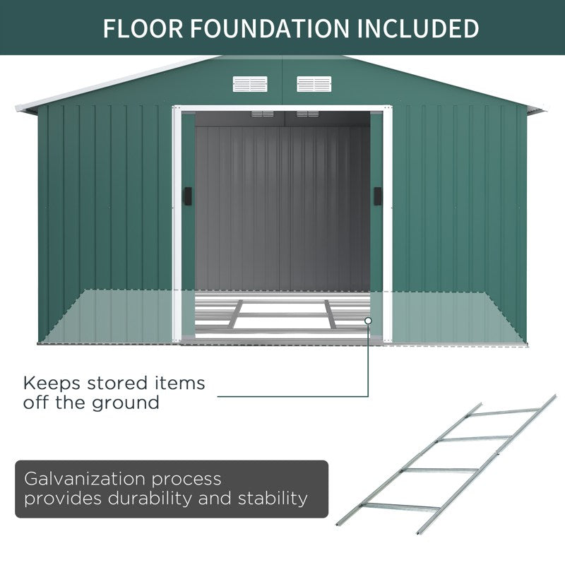 Outsunny 12.5 x 11.1ft Steel Sliding Door Storage Shed - Green