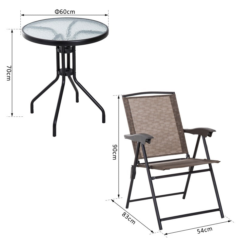 Outsunny 3 Piece Outdoor Bistro Set, Patio Conversation Furniture Set with 2 Folding Backrest Adjustable Armchairs and Glass Top Coffee Table, Brown