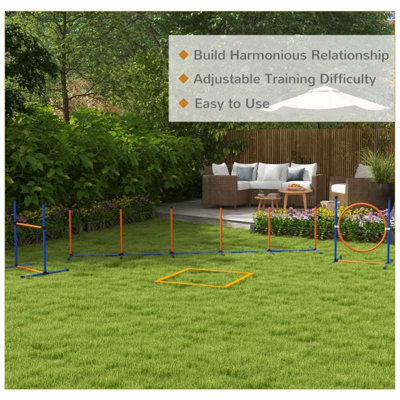 PawHut Eight-Piece Dog Agility Equipment Set with Weave Poles, Jump Ring, Hurdle, Pause Box, Training Shorts, Bag, Orange