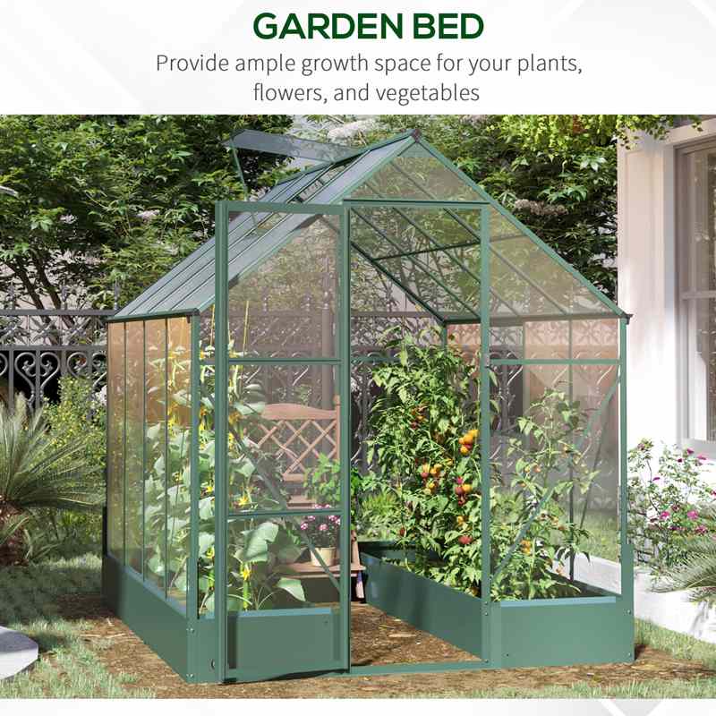 Outsunny 6x8 FT Polycarbonate Greenhouse with Base and Raised Bed, Walk-in Greenhouse with Aluminium Frame, Temperature Controlled Window, Foundation for Plants, Flowers, Vegetable