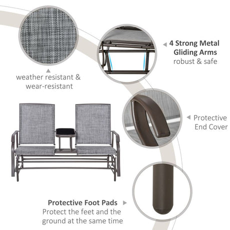 Outsunny 2 Seats Garden Glider Bench, Metal Frame Loveseat with Glass Top  Centre Table, Porch Rocking Glider for 2 Person, for Deck, Patio, Brown/ Grey