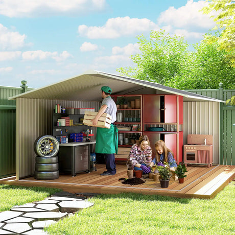 Outsunny 13 x 11ft Metal Garden Shed, Outdoor Storage Tool House with Ventilation Slots, Foundation Kit and Lockable Double Doors, Grey