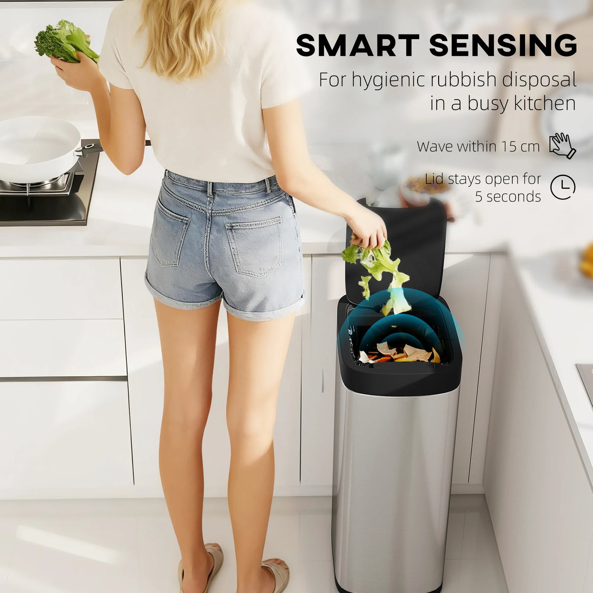 HOMCOM 50L Sensor Bin, Automatic Kitchen Bin, Manual Override, Battery Operated, Inner-Bucket-Free, for Kitchen, Bedroom