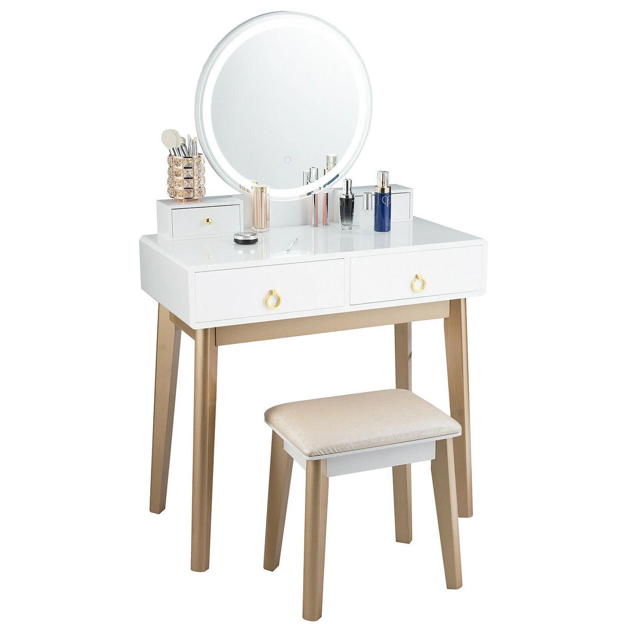 Modern Dressing Table with LED Mirror &amp; Cushioned Stool-White