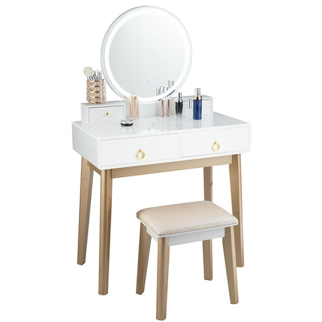 Modern Dressing Table with LED Mirror &amp; Cushioned Stool-White
