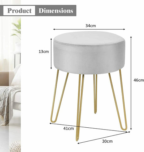 Velvet Stool with Metal Legs Round Footstool Modern Velvet Ottoman Side Stool Gray