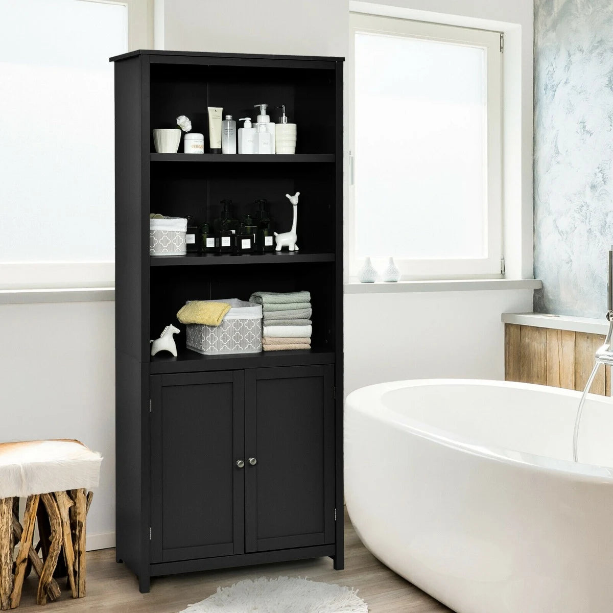 3-Shelf Bookcase with Double Doors &amp; Adjustable Shelves &amp; Cabinet-Black
