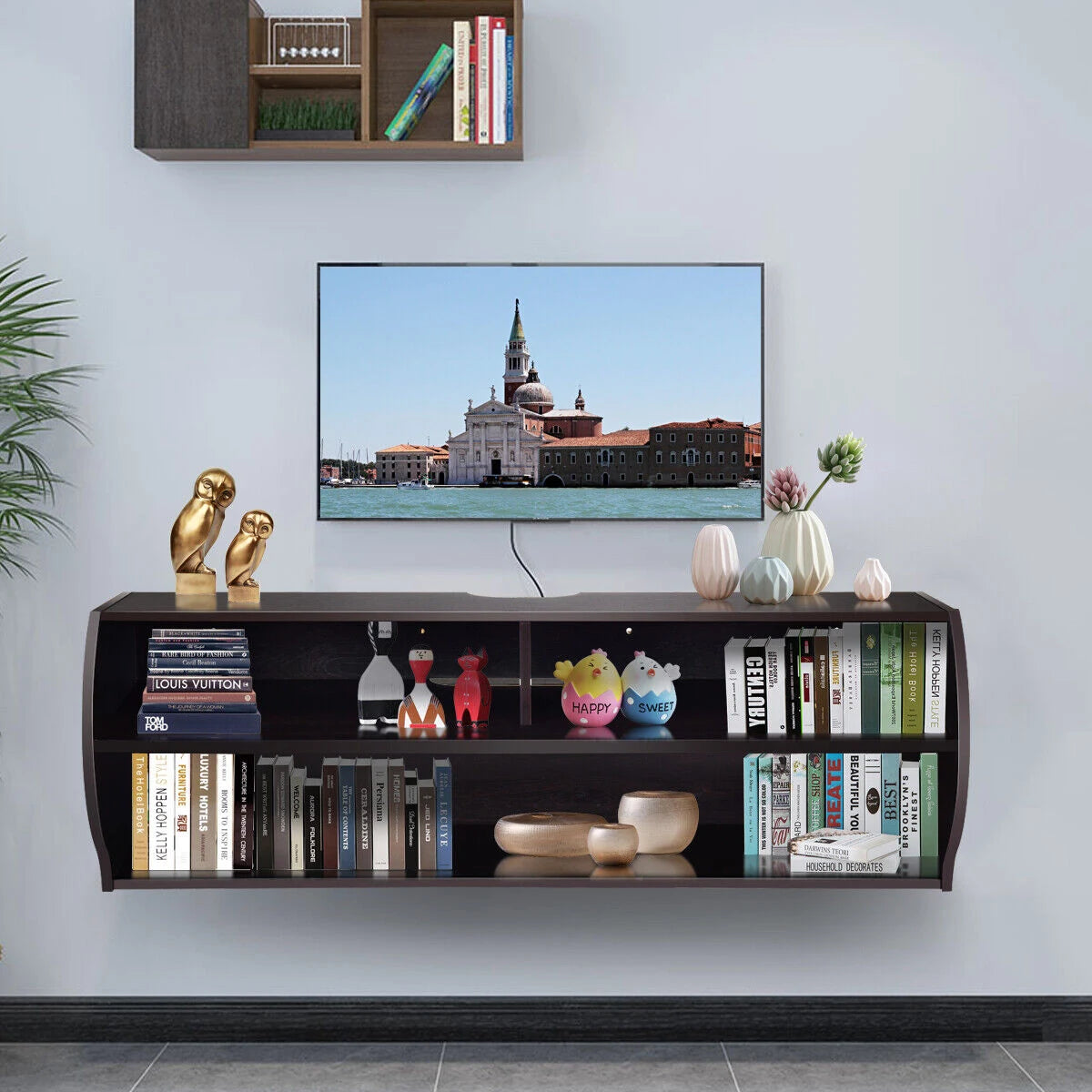 48.5 Inch 2 Tier Modern Wall Mounted Hanging Floating Shelf-Brown