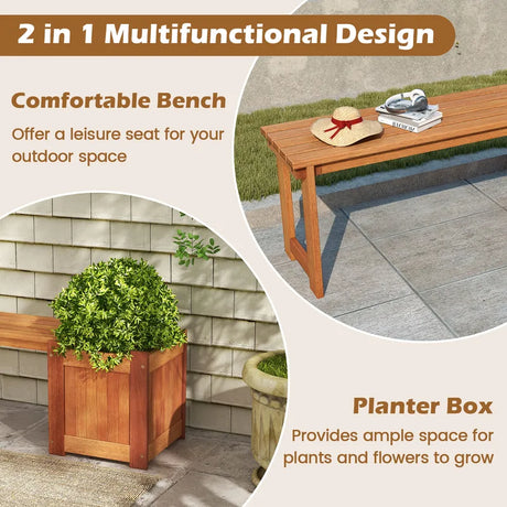 Teak Oil Finish Raised Garden Bed Wood Planter Box with Bench