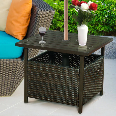 Rattan Coffee Table with Umbrella Hole & Metal Tabletop for Outdoor