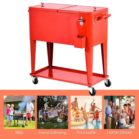 76L Portable Outdoor Rolling Cooler with Shelf for Party & BBQ