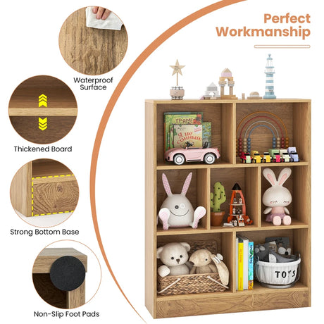 7-Cube Bookshelf with 2 Anti-Tipping Kits for Living Room Bedroom Kids Room-Natural