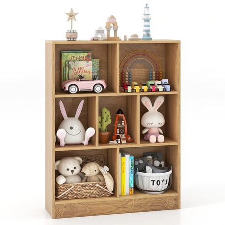 7-Cube Bookshelf with 2 Anti-Tipping Kits for Living Room Bedroom Kids Room-Natural