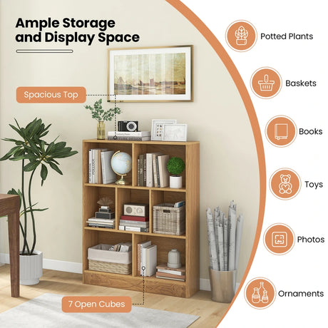 7-Cube Bookshelf with 2 Anti-Tipping Kits for Living Room Bedroom Kids Room-Natural