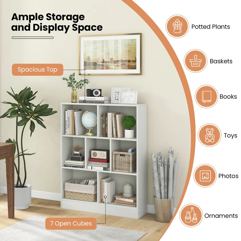 7-Cube Bookshelf with 2 Anti-Tipping Kits for Living Room Bedroom Kids Room-White