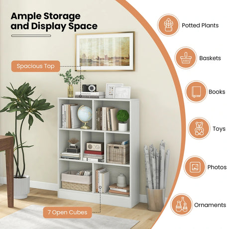 7-Cube Bookshelf with 2 Anti-Tipping Kits for Living Room Bedroom Kids Room-White