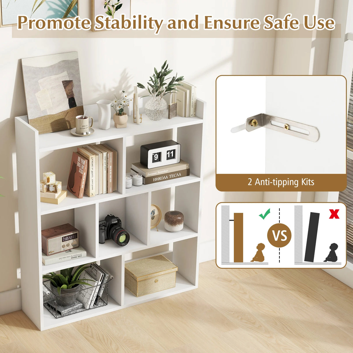 7 Cubes Open-back Bookshelf Home Storage Display Shelf-White