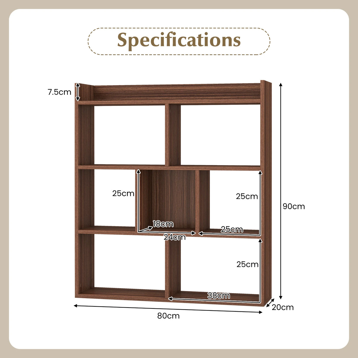 7 Cubes Open-back Bookshelf with Anti-Toppling Devices-Walnut
