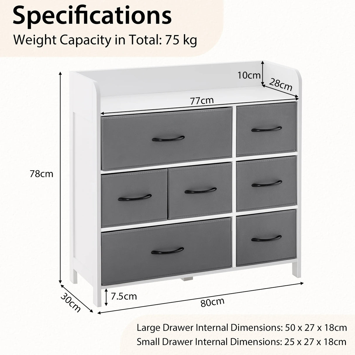 Fabric Dresser with 7 Drawers for Bedroom-White